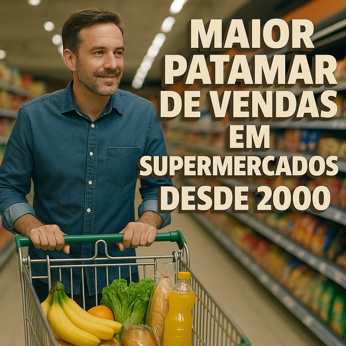Homem empurrando carrinho de supermercado com alimentos, representando o maior patamar de vendas em supermercados desde 2000