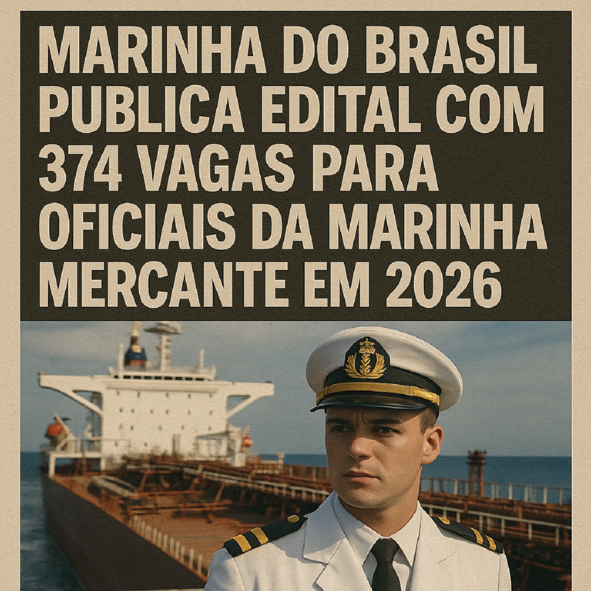 Oficial da Marinha Mercante com navio ao fundo simbolizando edital da Marinha do Brasil com 374 vagas para 2026