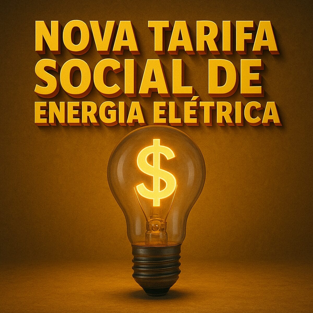 Lâmpada acesa com símbolo de cifrão ao centro e a frase "Nova Tarifa Social de Energia Elétrica" em letras 3D