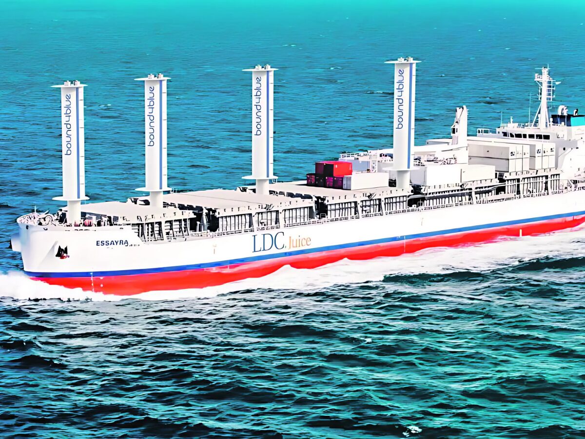 O navio à vela MV Atlantic Orchard chega ao Porto de Santos para carregamento, destacando-se como o primeiro navio-tanque de suco a operar com propulsão eólica, reduzindo emissões e consumo de combustível.