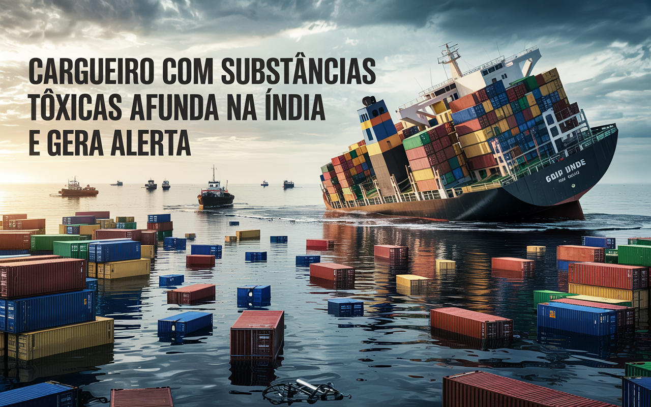 Navio cargueiro com “mercadorias perigosas” afunda na costa da Índia com 640 contêineres a bordo e mobiliza autoridades por risco ambiental