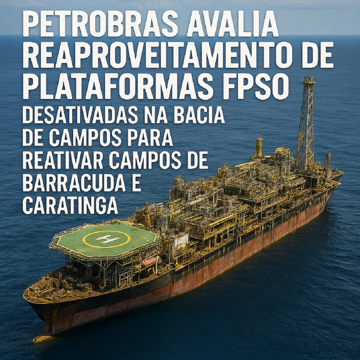Plataforma FPSO desativada na Bacia de Campos com destaque para título sobre reaproveitamento pela Petrobras