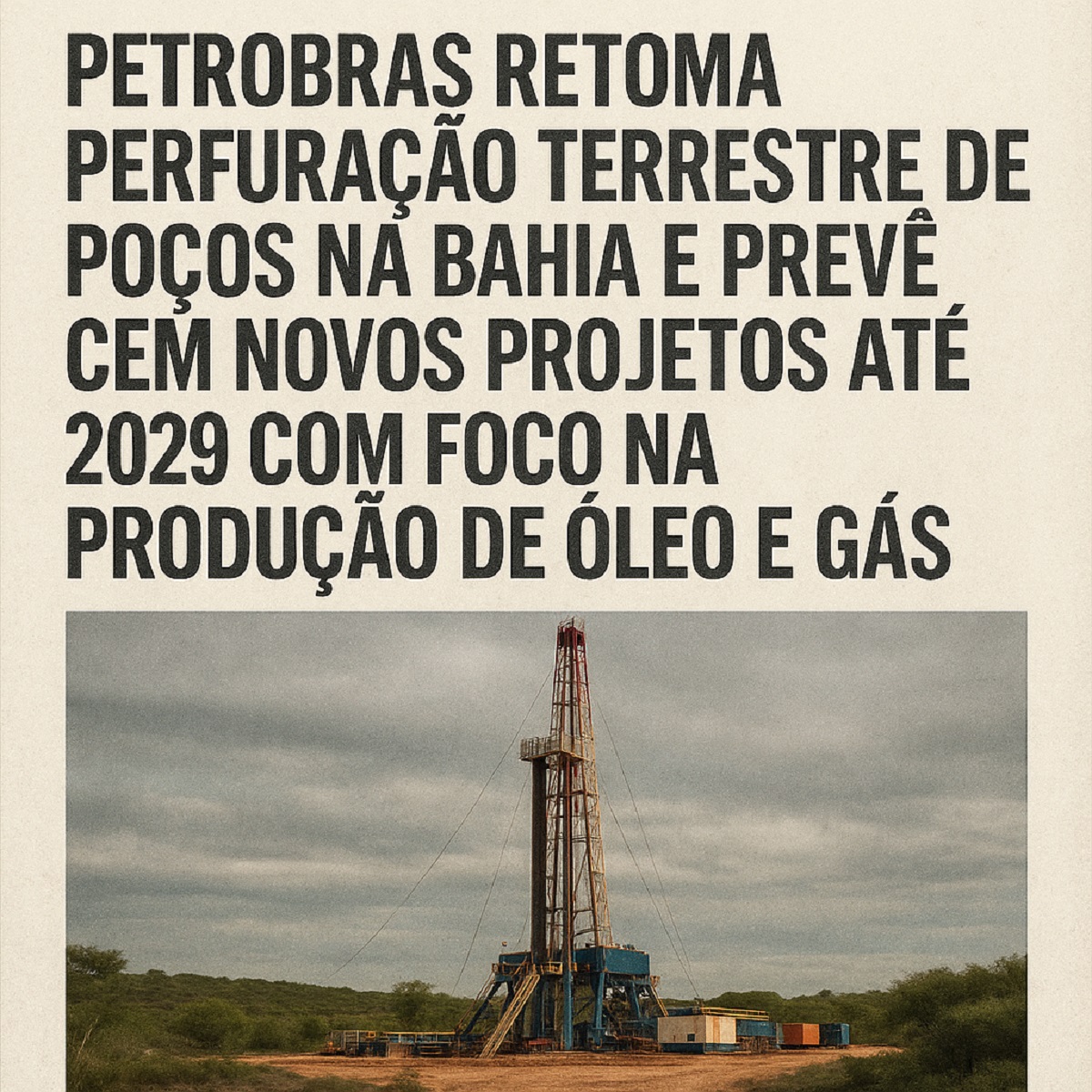 Imagem realista de torre de perfuração da Petrobras em campo terrestre na Bahia, com legenda em estilo revista destacando plano de cem novos projetos até 2029