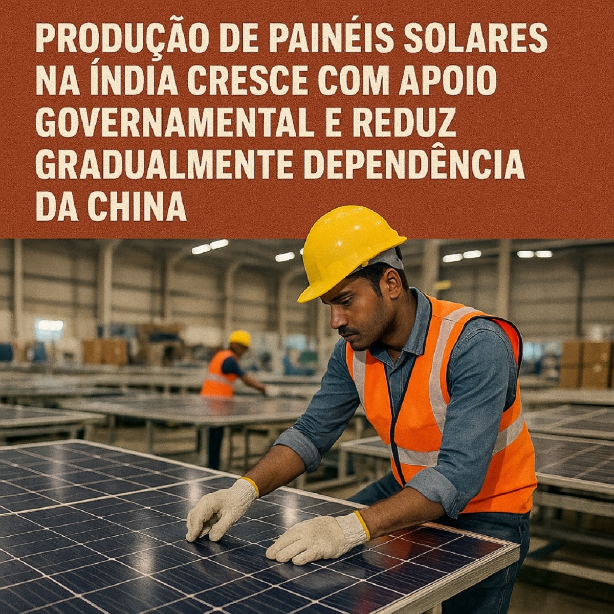 Trabalhador indiano monta painéis solares em fábrica com apoio governamental