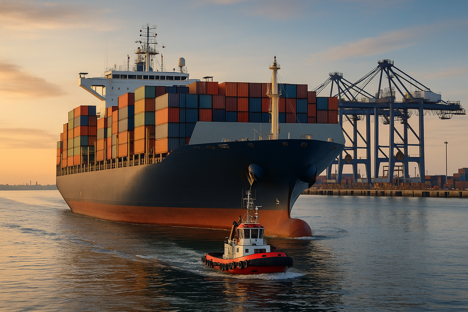 Navio cargueiro sendo escoltado por rebocador no porto ao entardecer, com contêineres coloridos e guindastes ao fundo.
