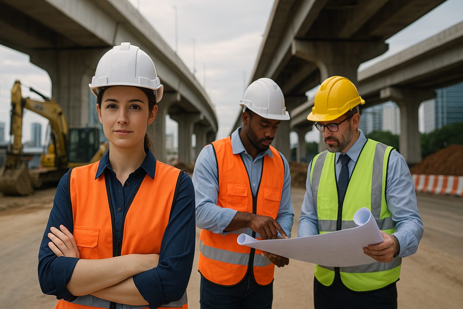 Três profissionais da construção civil observam o canteiro de obras ao entardecer, com capacetes de segurança e pranchetas nas mãos.