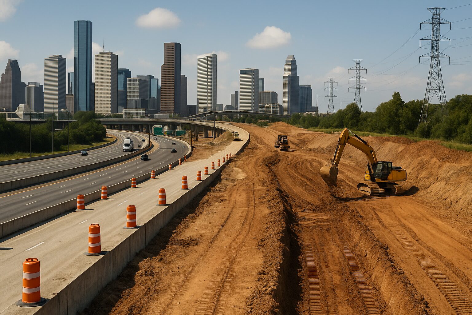 Construção de rodovia em andamento com escavadeiras e skyline urbano ao fundo.