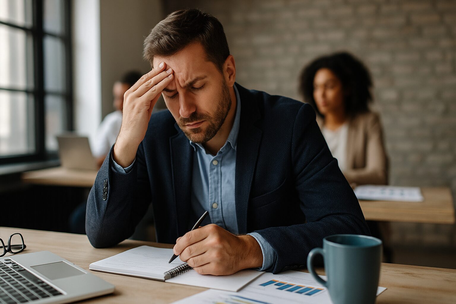 Homem de pele clara com expressão séria, usando camisa e gravata, em ambiente corporativo urbano, representando os desafios do mercado de trabalho.