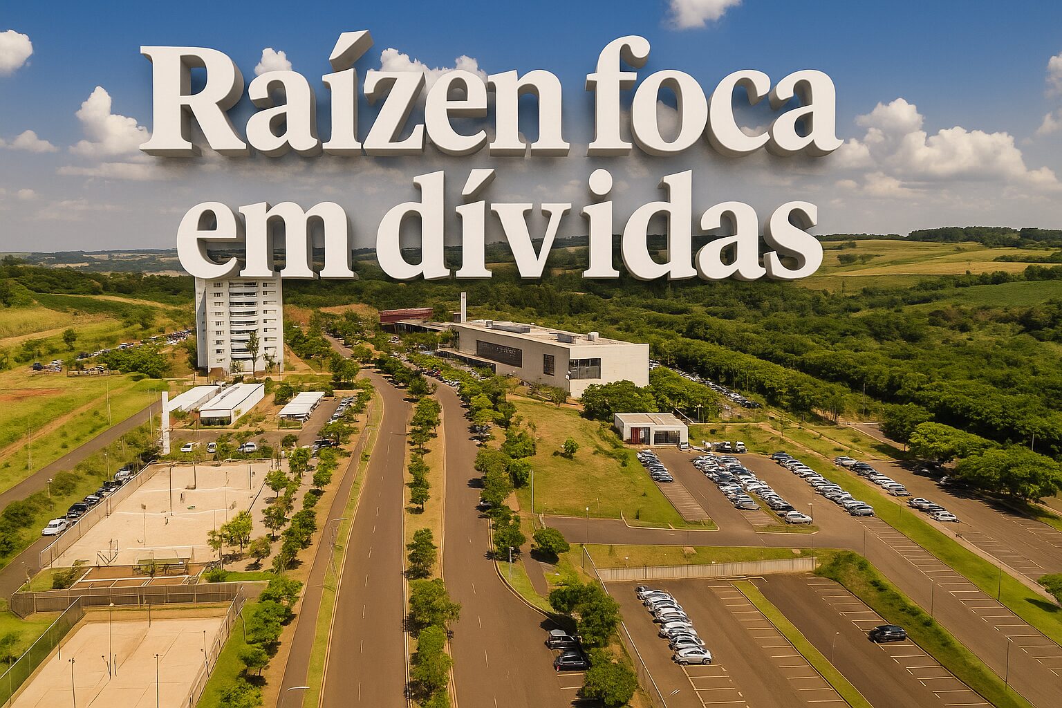 Imagem aérea da sede da Raízen com texto em 3D "Raízen foca em dívidas"