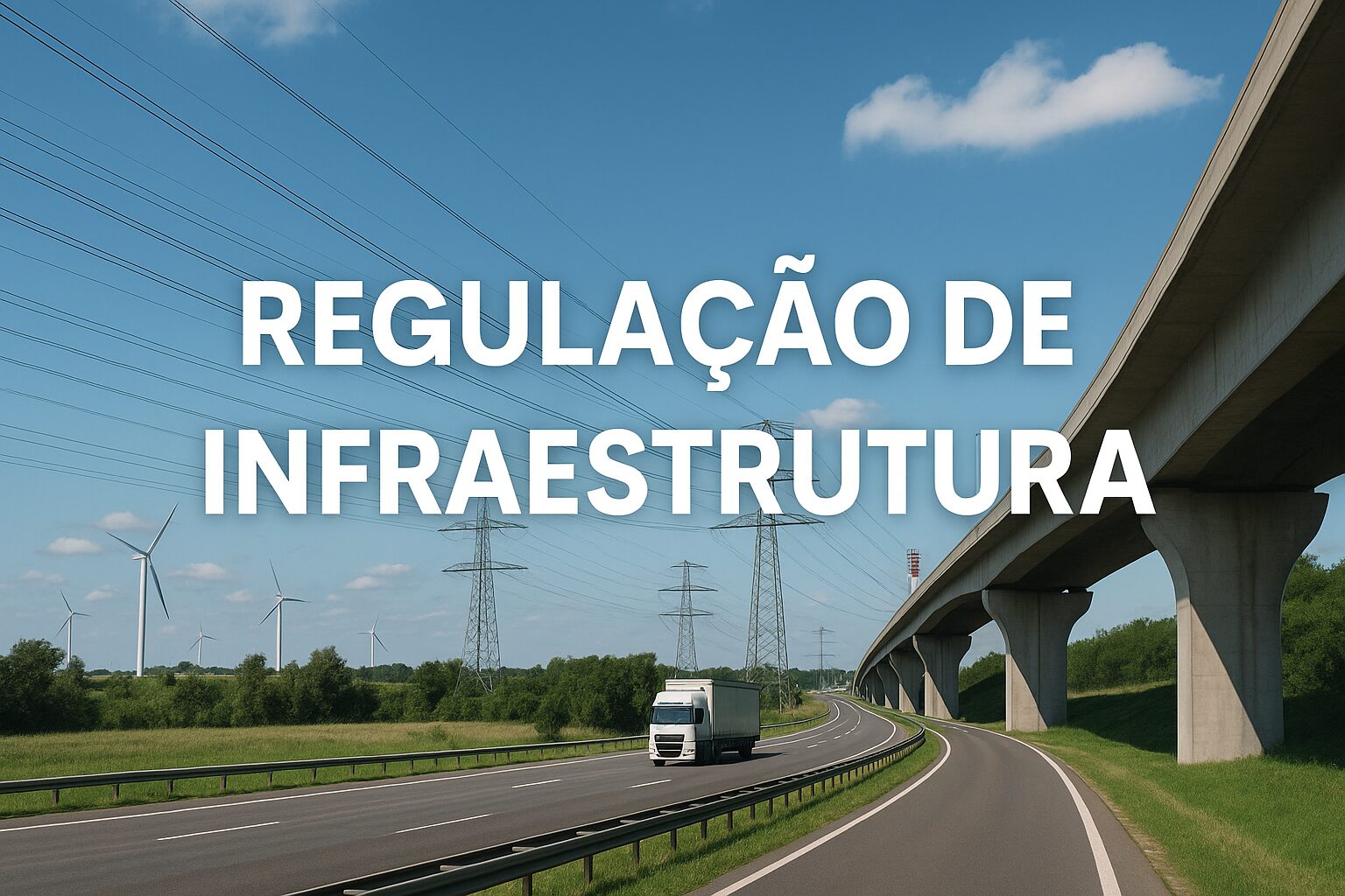 Rodovia moderna com caminhão em movimento, linhas de transmissão elétrica, turbinas eólicas e viaduto elevado sob céu azul. Texto "Regulação de Infraestrutura" sobreposto à imagem.