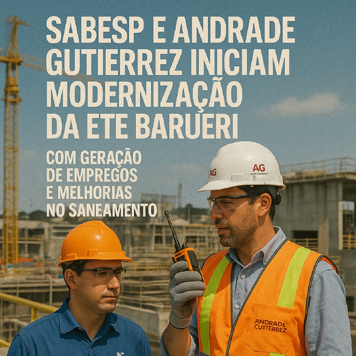 Dois engenheiros da Sabesp e Andrade Gutierrez discutem a modernização da ETE Barueri no canteiro de obras, com foco em geração de empregos e melhorias no saneamento.