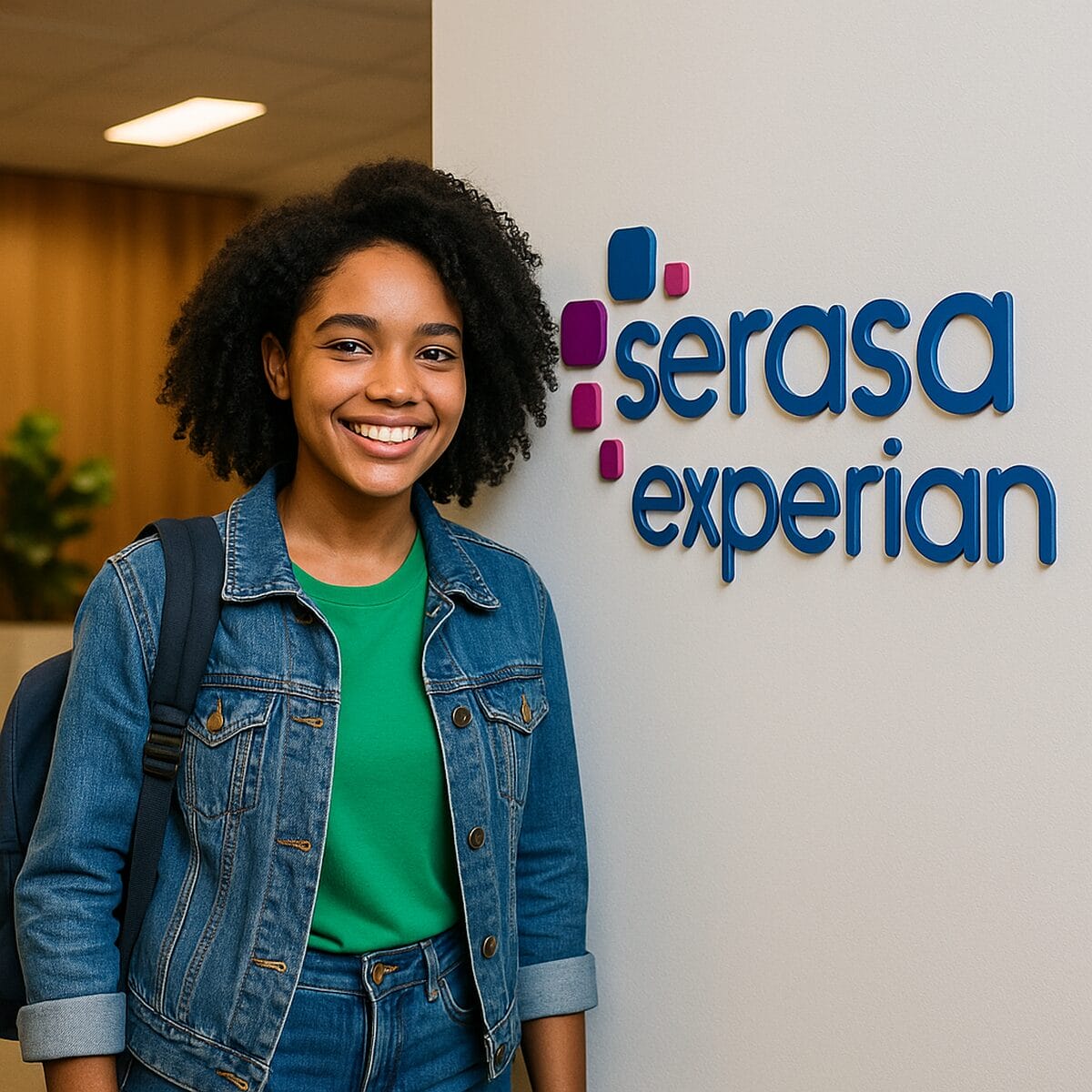 Estudante sorridente em frente à logo da Serasa Experian durante o programa de estágio 2025
