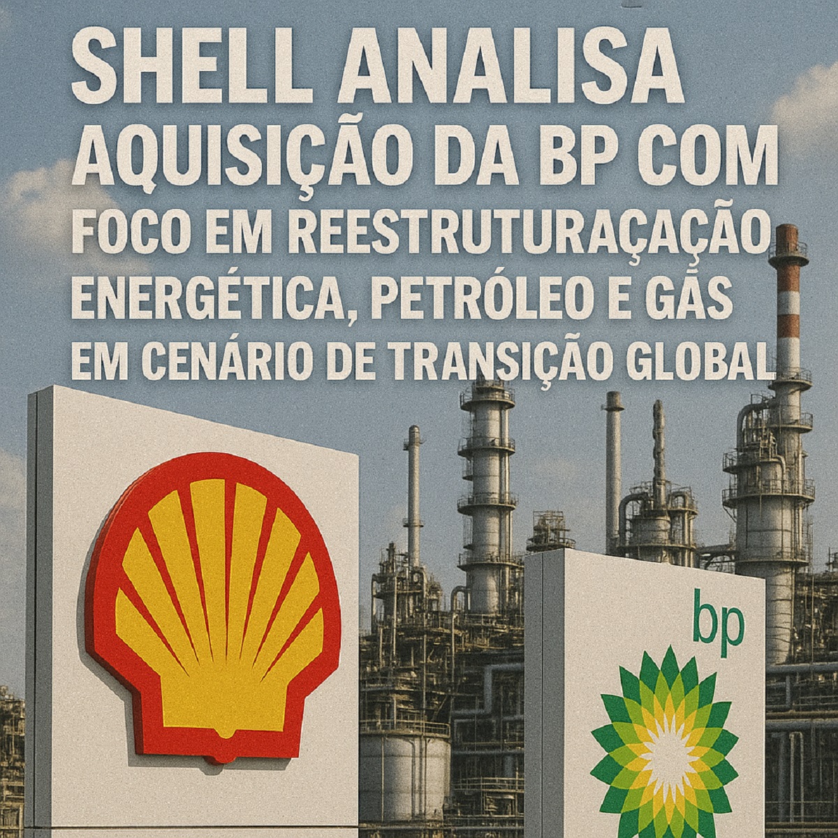 Shell e BP diante de refinaria industrial, simbolizando análise de aquisição e transição energética global