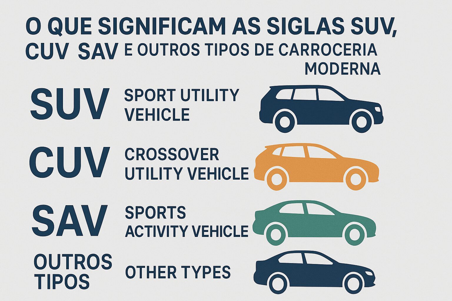 O que significam as siglas SUV, CUV, SAV e outros tipos de carroceria moderna