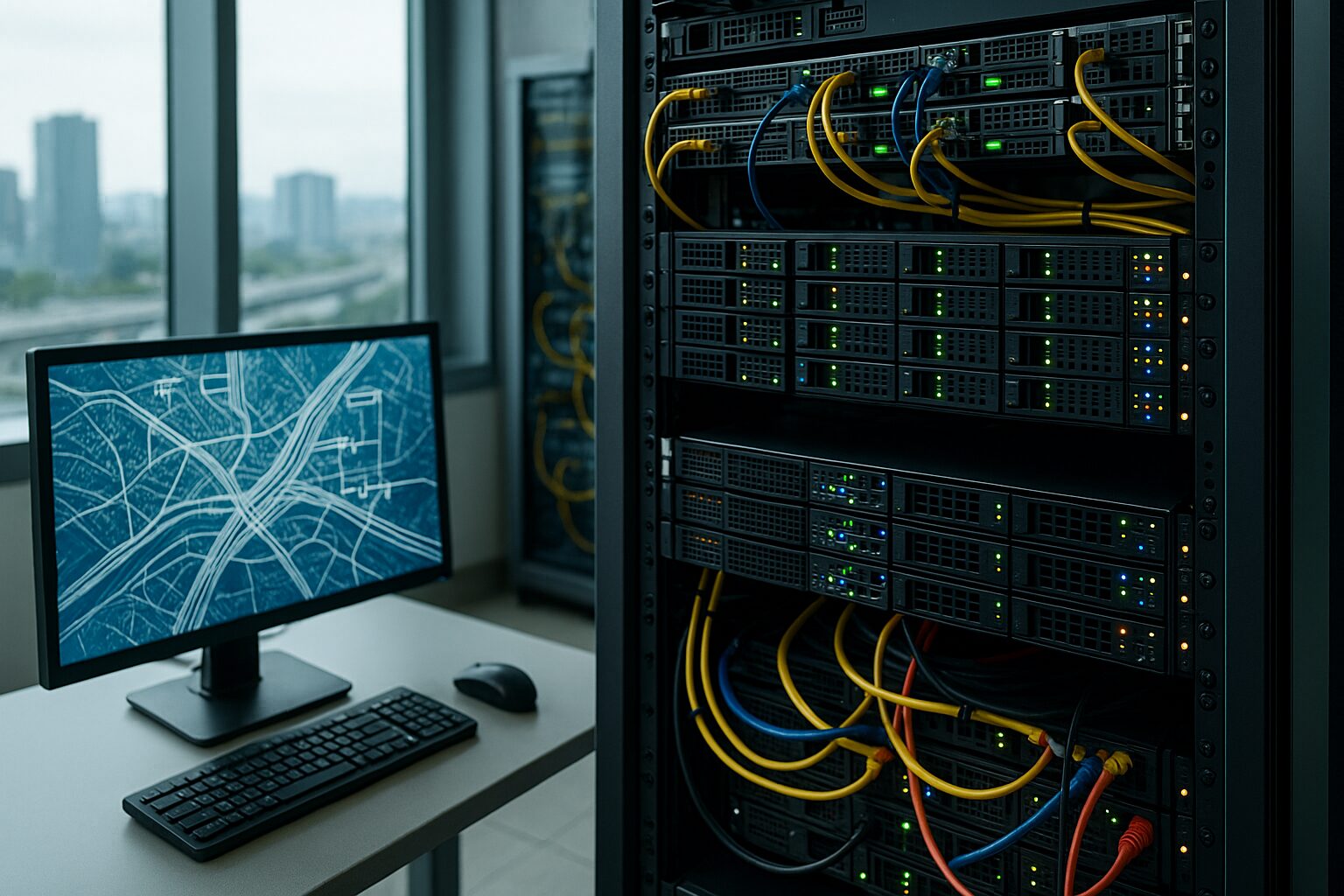 Servidor moderno em sala de TI com cabos organizados e monitor exibindo mapa digital, ilustrando o conceito de tecnologia de infraestrutura.