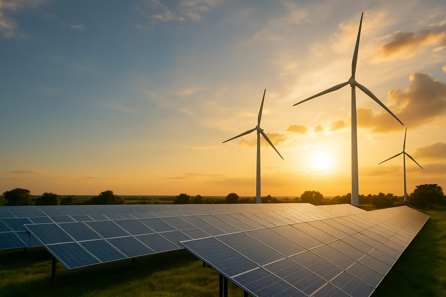 Paisagem realista com painéis solares e turbinas eólicas ao pôr do sol, representando fontes de energia renovável.