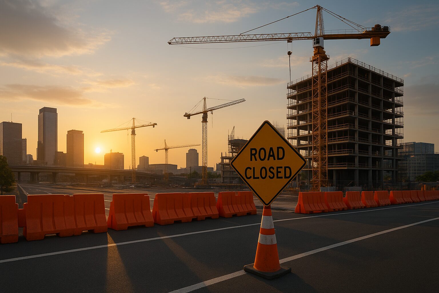 Construção urbana ao entardecer com guindastes, prédio em obras e placa de "estrada fechada", representando o futuro da infraestrutura.