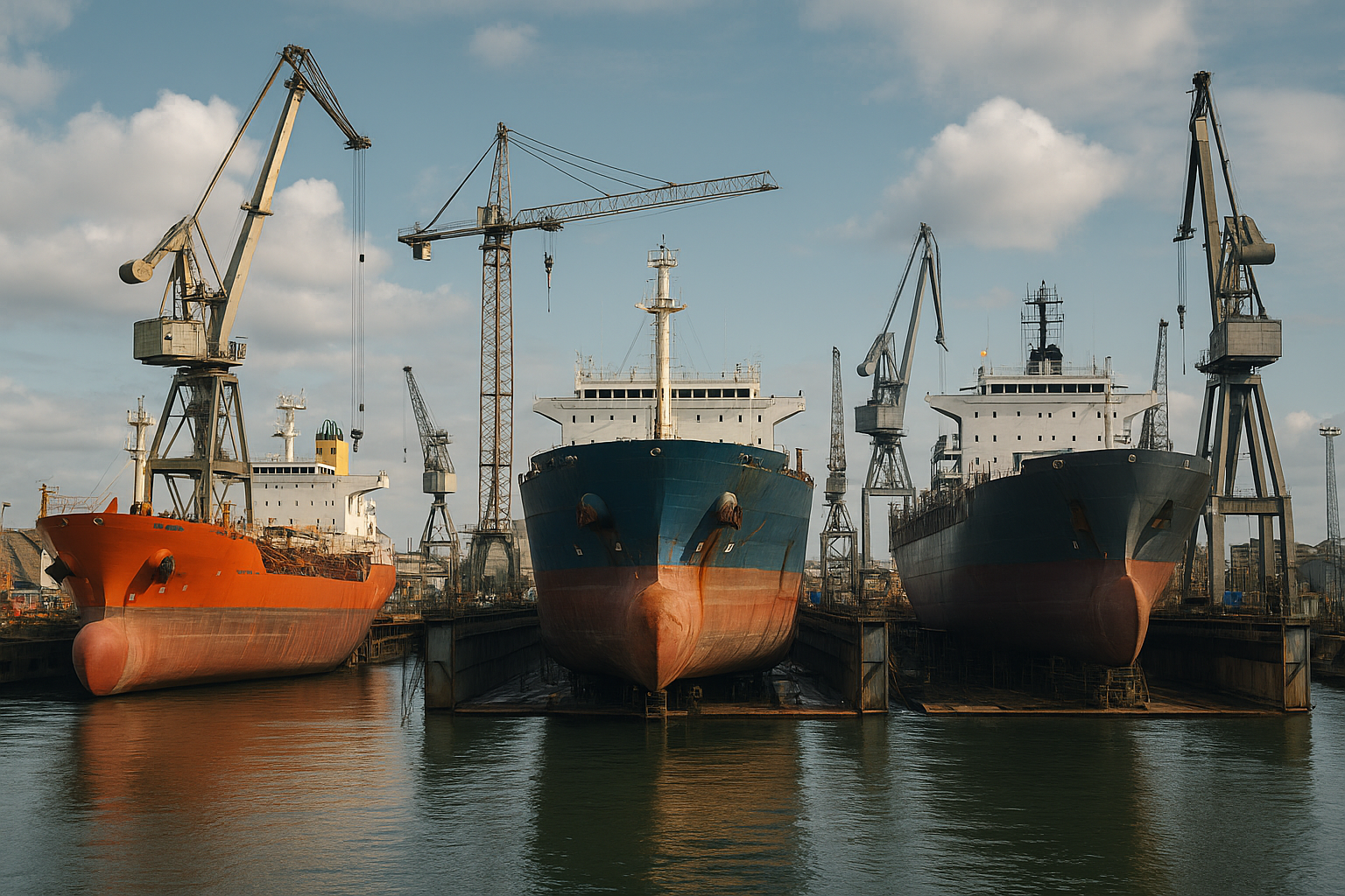 Navios cargueiros em estaleiro com guindastes ao fundo, ilustrando os desafios da indústria naval.