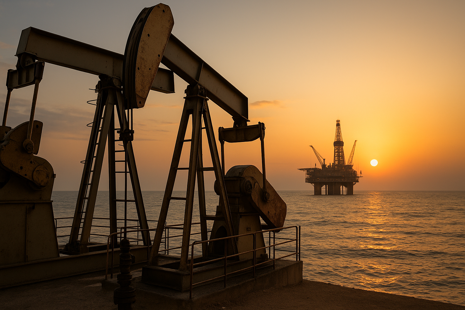 Plataforma de petróleo offshore ao pôr do sol com bomba de extração terrestre em primeiro plano.