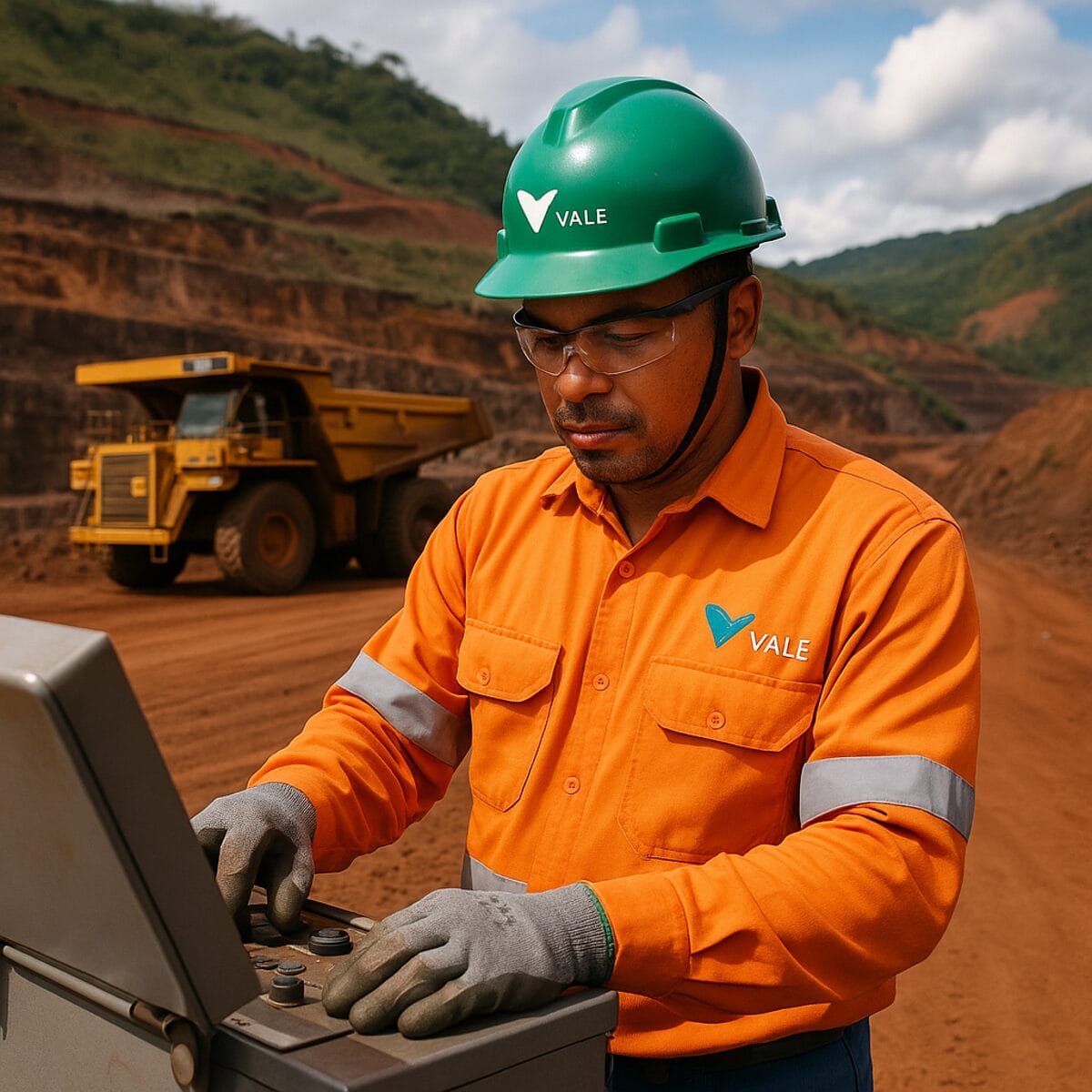 Funcionário da Vale com uniforme e capacete opera painel em mina a céu aberto em Minas Gerais