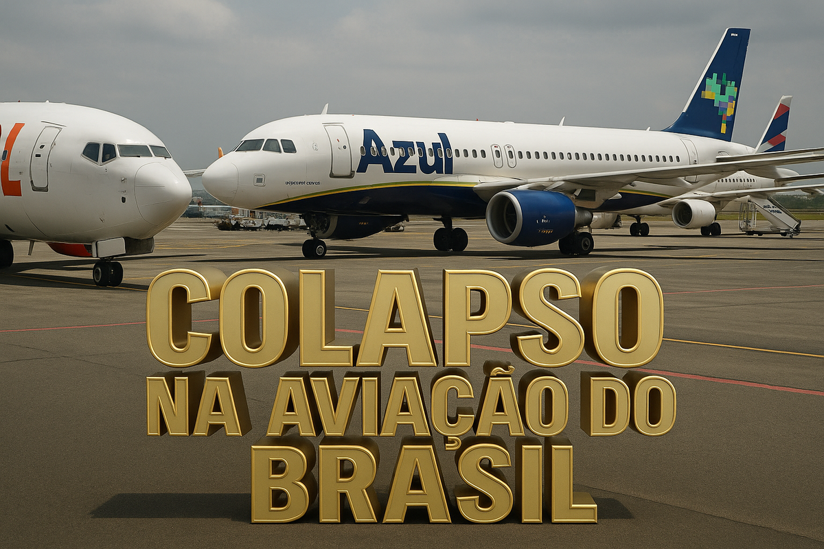 Aviões das companhias Azul, Gol e Latam estacionados em aeroporto com a frase “Colapso na Aviação do Brasil” em destaque dourado.