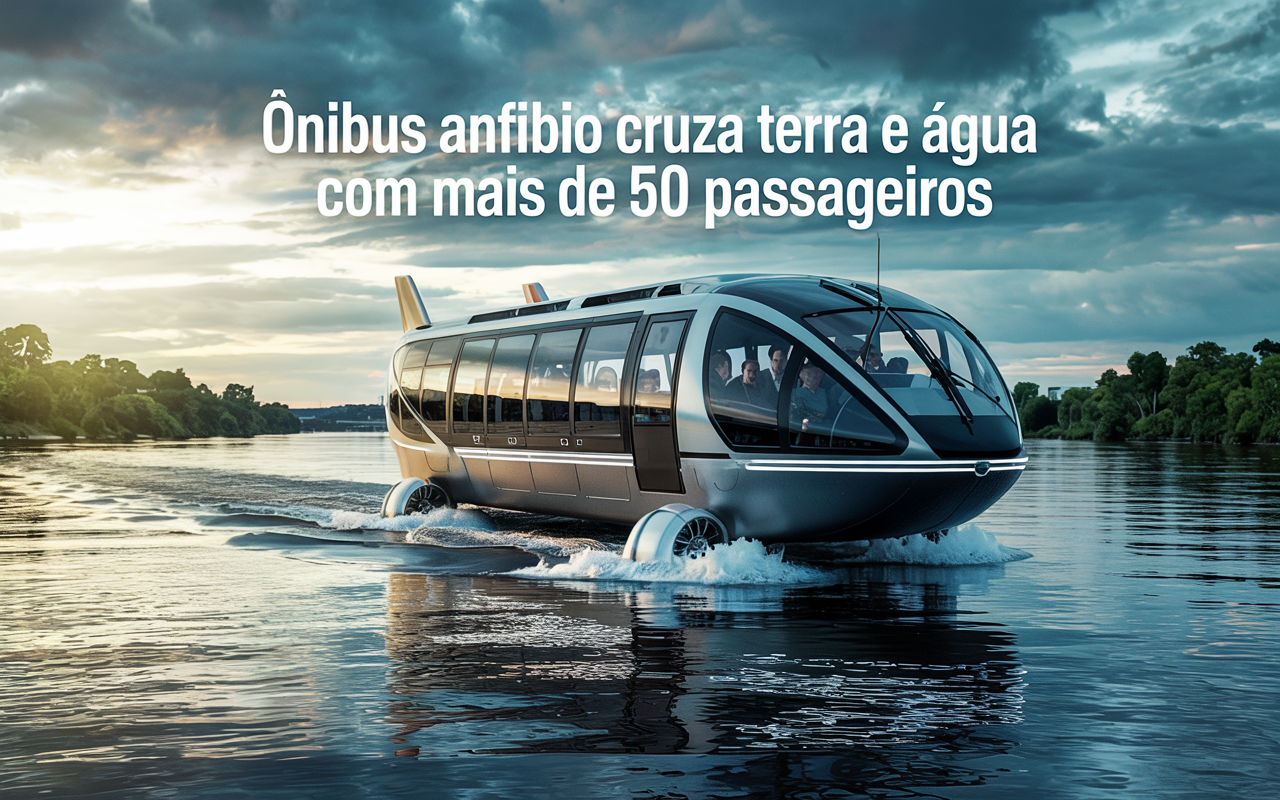 Com motores de avião, 3,8 metros de altura e fuselagem de helicóptero, esse ônibus anfíbio parece ter saído de um filme futurista cruzando terra e água com mais de 50 passageiros