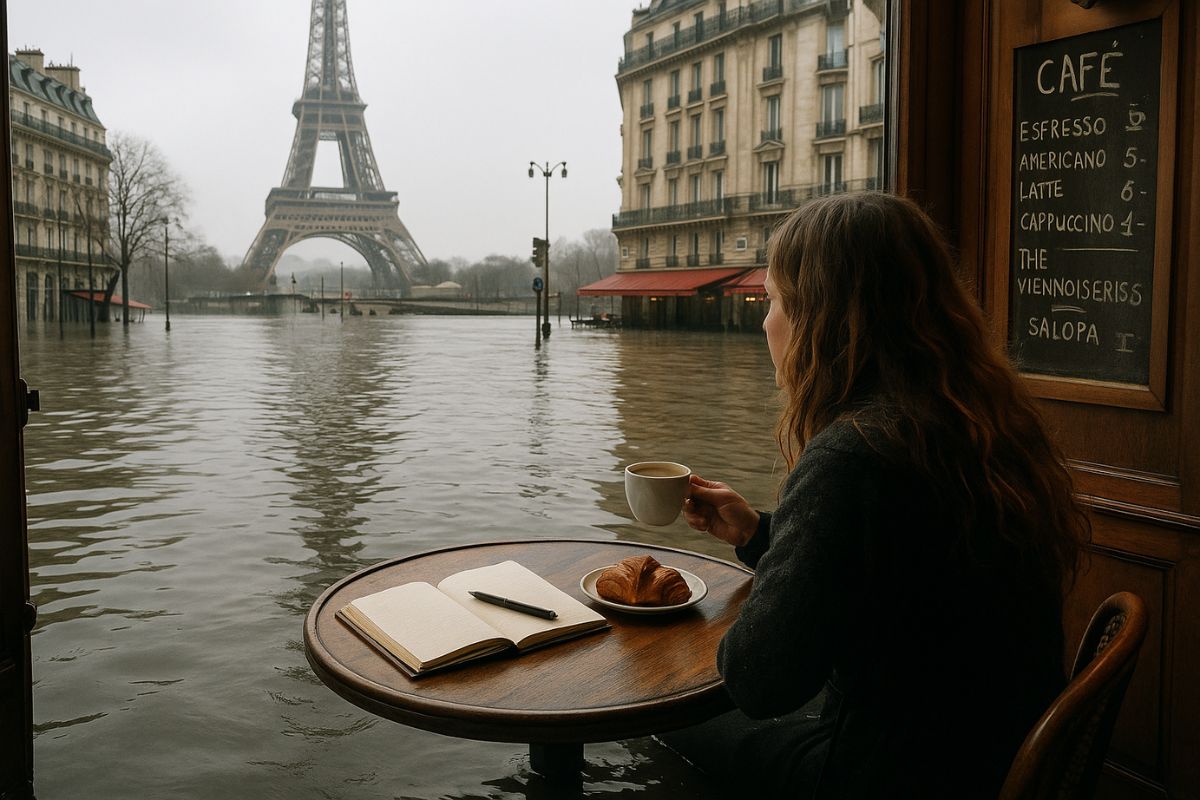 tomando café em paris com a cidade inundada devido ao aumento nos niveis do oceano