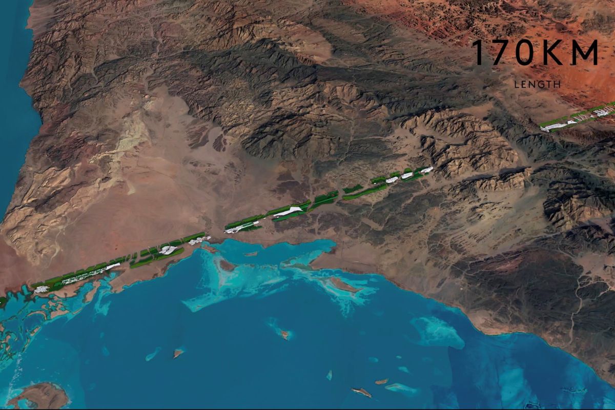 A Cidade Linear de 170 km no Deserto: As Imagens de Satélite de 2025 que Mostram o Avanço da Construção de 'The Line', o Projeto de US$ 500 Bilhões da Arábia Saudita.