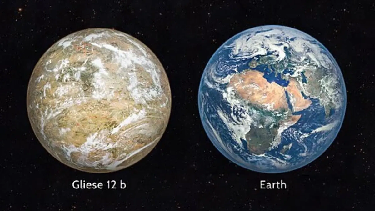 Comparação entre os planetas Gliese 12 b e Terra no espaço