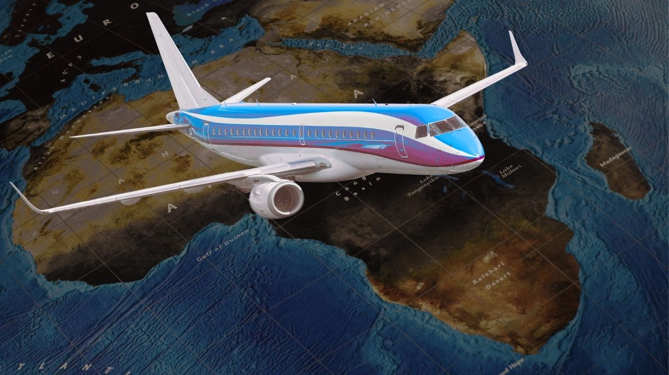 Jato regional voando sobre mapa do continente africano, representando novas rotas diretas e o futuro da aviação regional na África