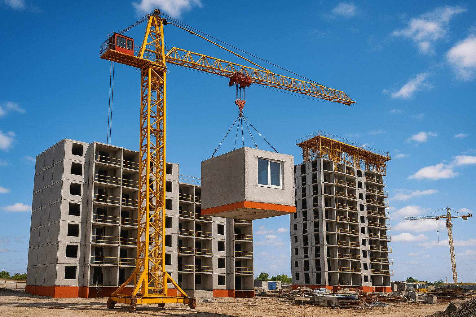 Guindaste posiciona módulo habitacional em construção industrial