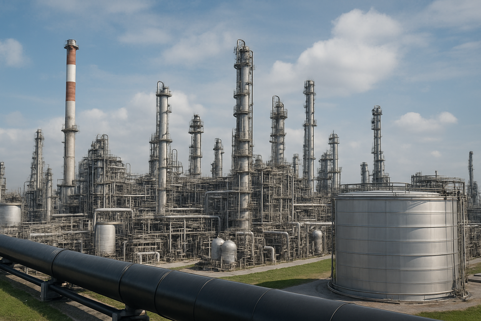 Complexo industrial de refino de petróleo em pleno funcionamento durante o dia, com tubulações e torres metálicas interligadas.
