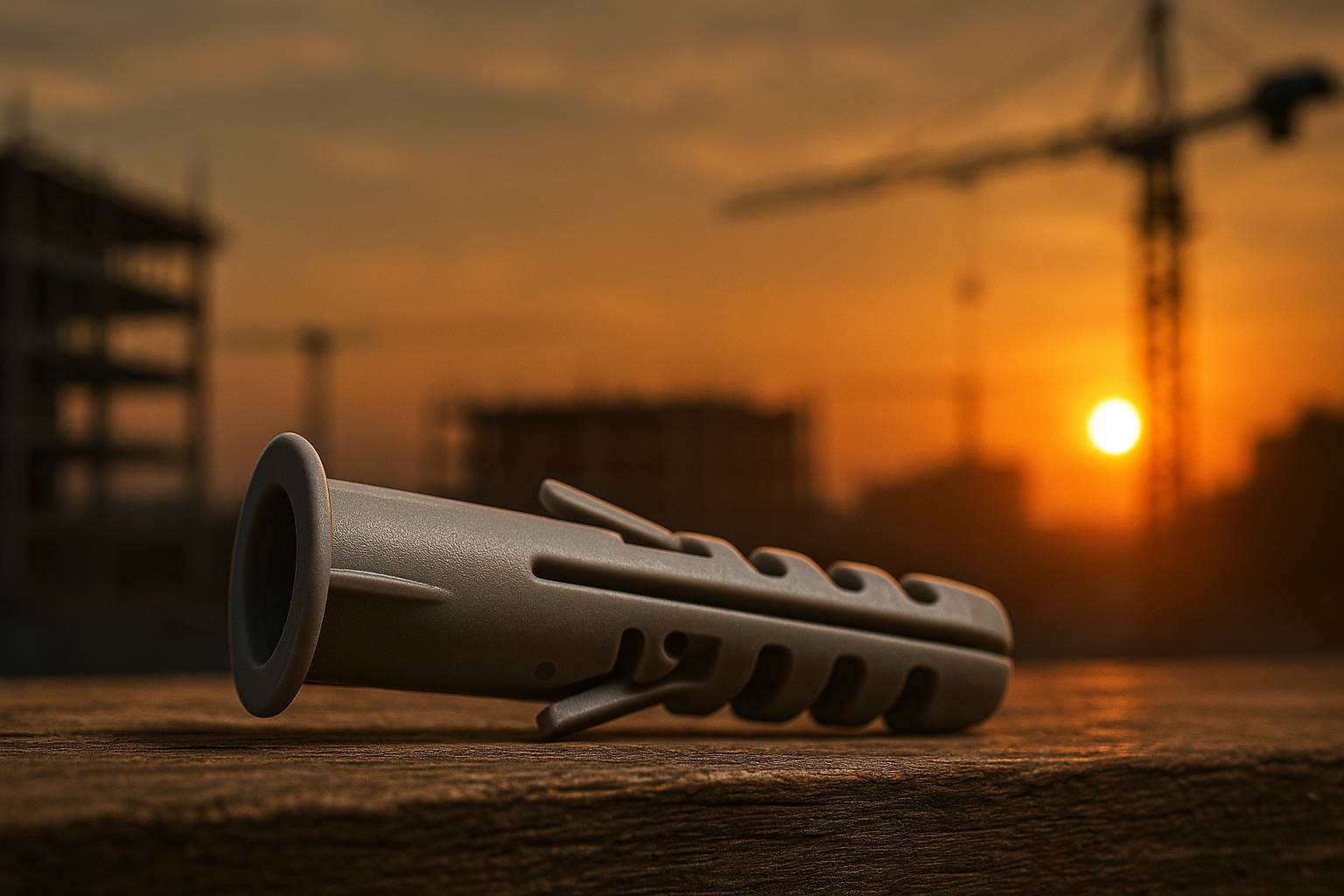 Close-up de uma bucha de fixação plástica sobre madeira com fundo de construção civil ao pôr do sol, destacando inovação e engenharia.
