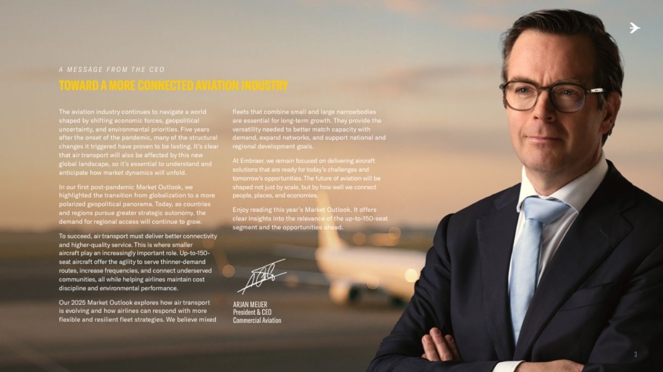 CEO da Embraer Arjan Meijer apresenta visão estratégica sobre o futuro da aviação regional no relatório Market Outlook 2025