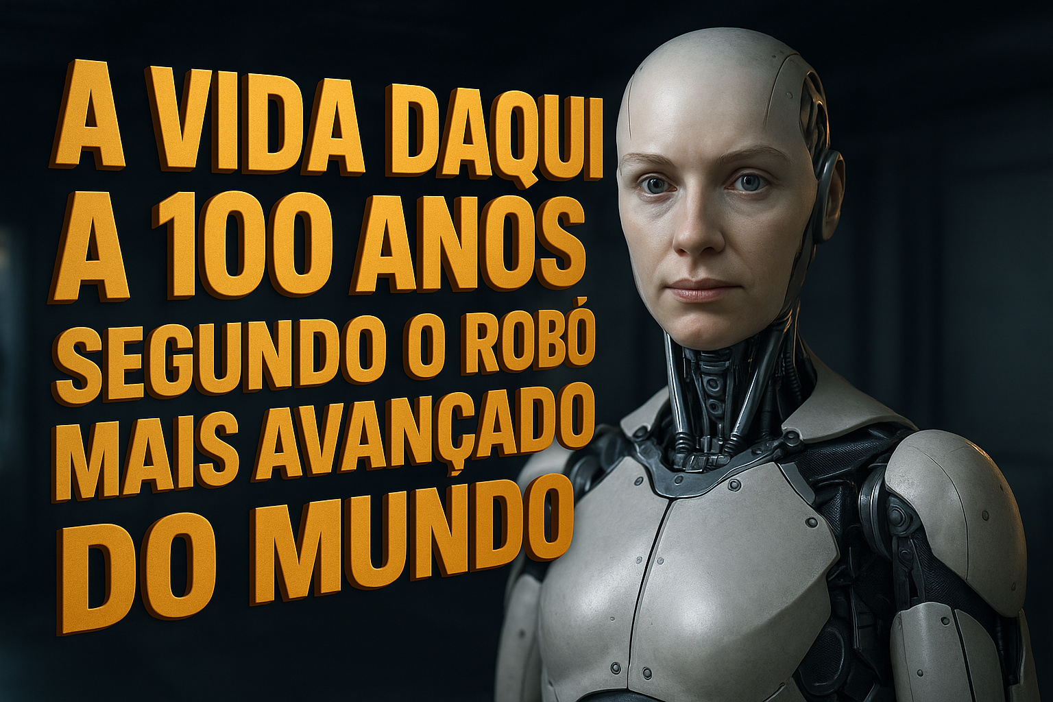 Imagem realista de um robô humanoide avançado ao lado da frase "A vida daqui a 100 anos segundo o robô mais avançado do mundo", em cenário futurista