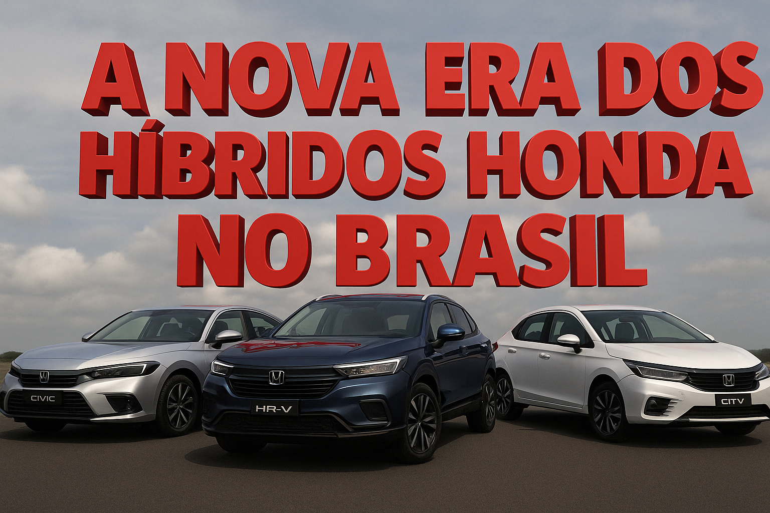 Três modelos Honda híbridos 2025 com frase "A nova era dos híbridos Honda no Brasil" em destaque
