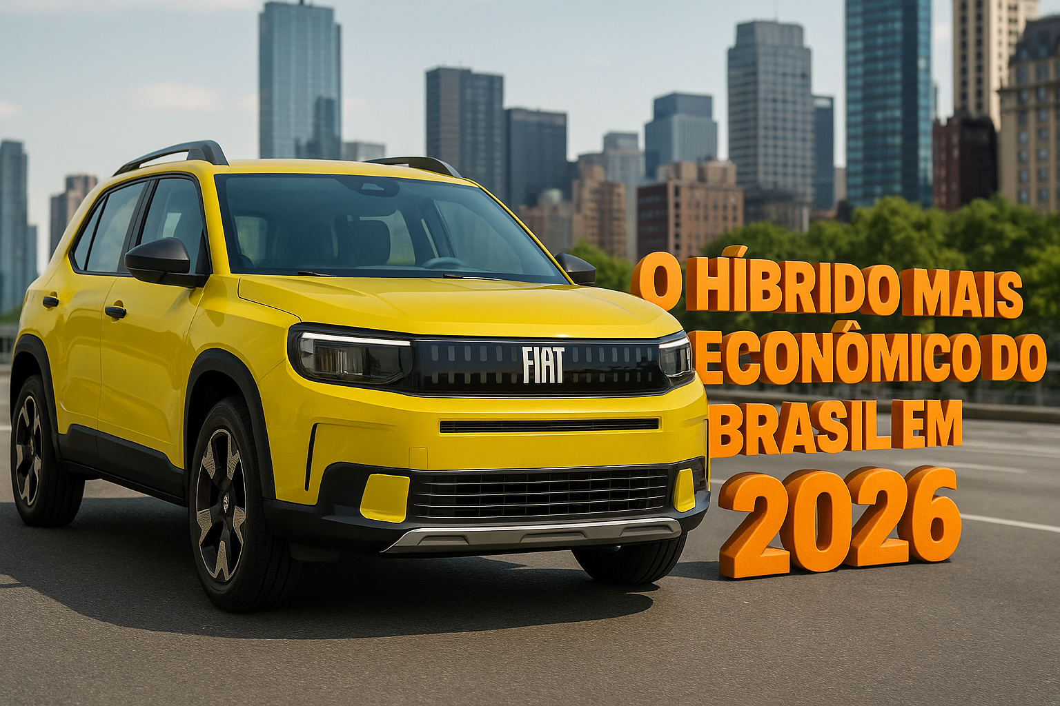 Fiat Grande Panda 2026 amarelo híbrido leve em avenida urbana com frase de efeito em destaque