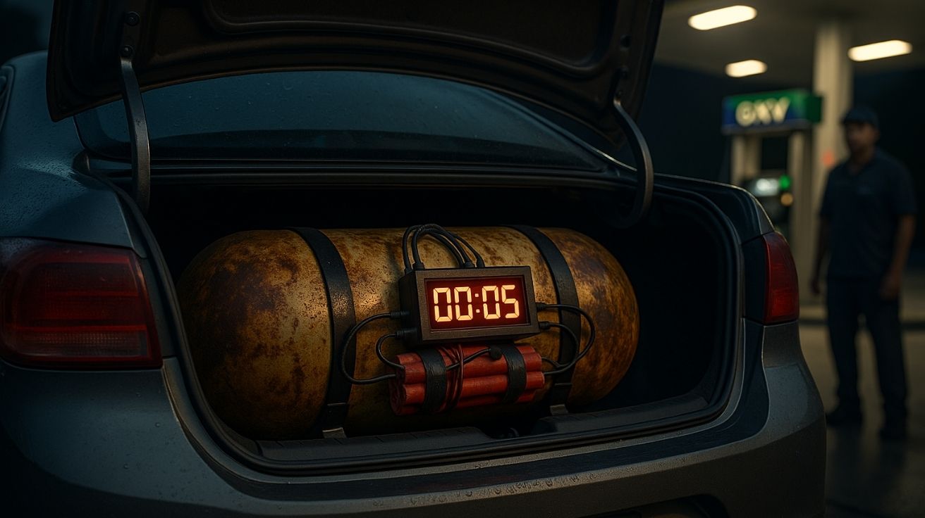 Imagem mostra o porta-malas de um carro com cilindro de kit gás GNV enferrujado e contador digital, simbolizando risco de explosão