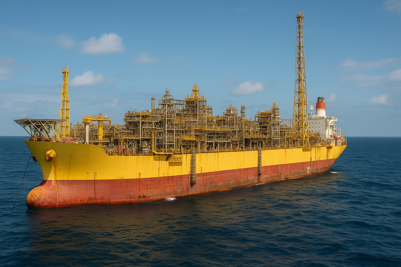 FPSO amarelo e vermelho ancorado no mar, com estruturas metálicas e torre de queima visíveis sob céu azul.