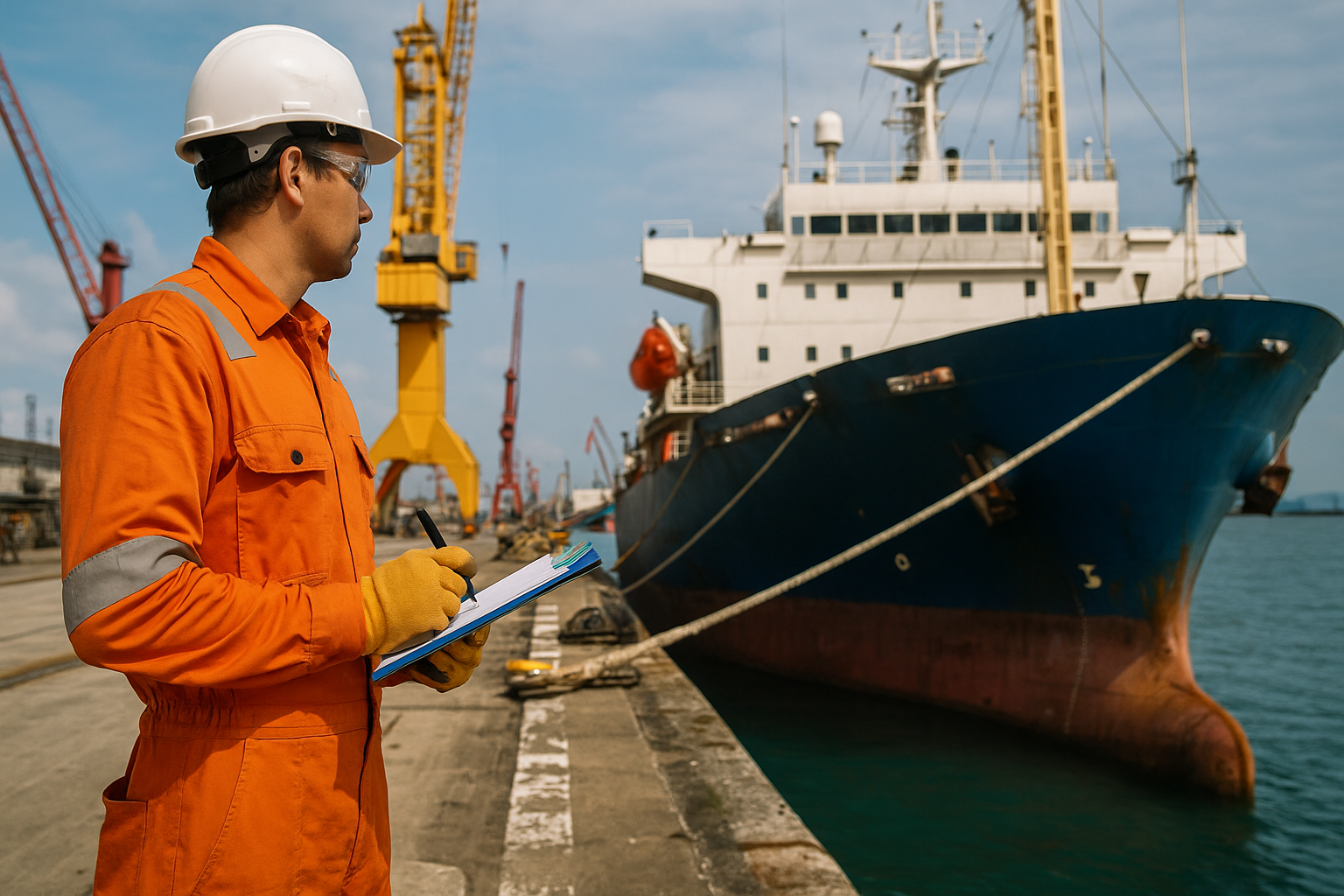 Inspetor naval analisando embarcação cargueira em estaleiro com equipamentos de segurança.