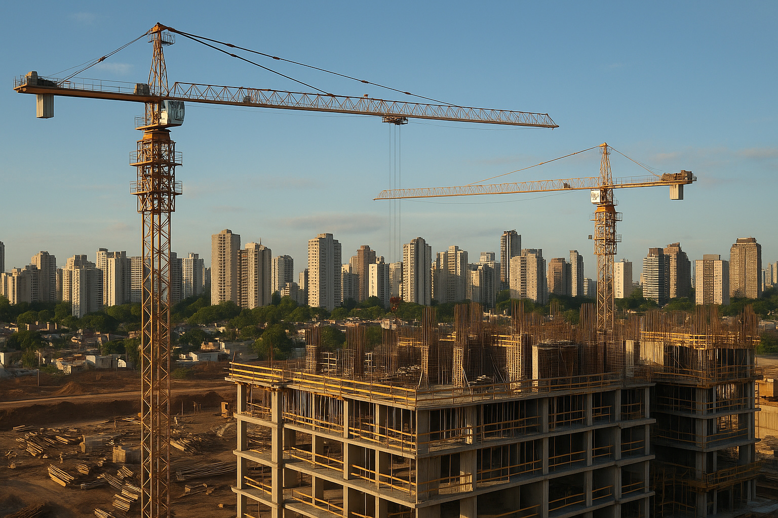 Construção de edifício com guindastes e arranha-céus ao fundo em cidade brasileira ao entardecer.