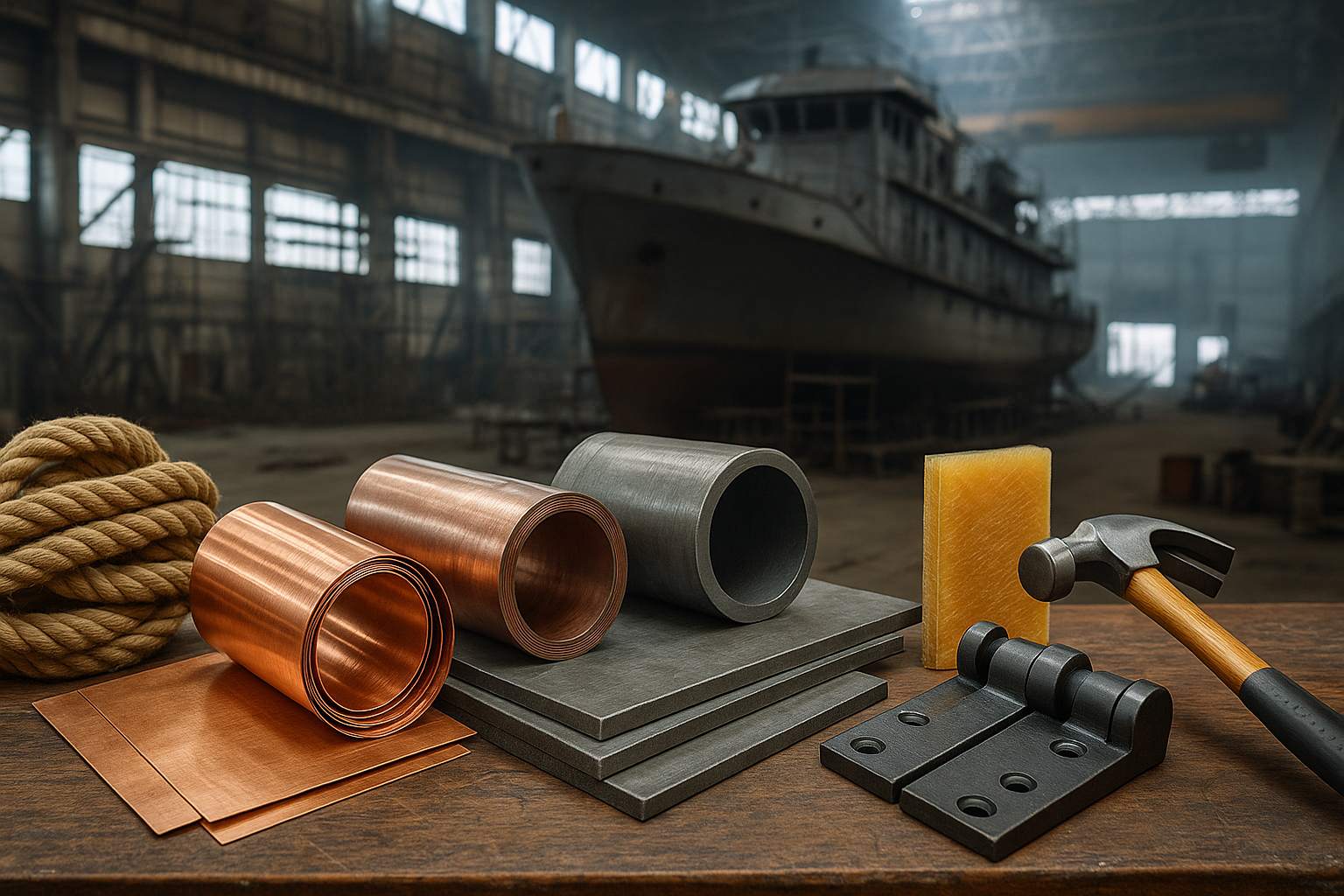 Materiais de construção naval como cobre, aço, fibra de vidro e ferramentas sobre uma bancada em um estaleiro com navio em construção ao fundo.