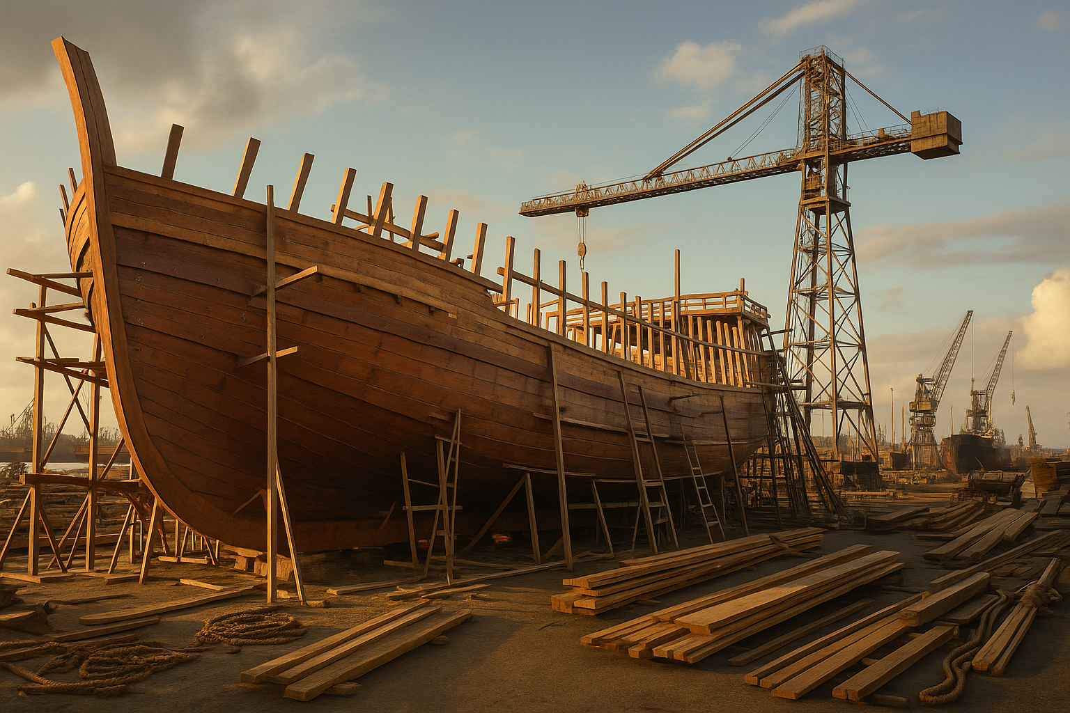 Navio de madeira em construção em um estaleiro ao entardecer, com guindastes ao fundo.