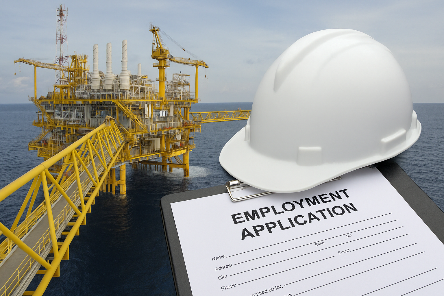 Plataforma offshore com capacete branco sobre formulário de emprego.