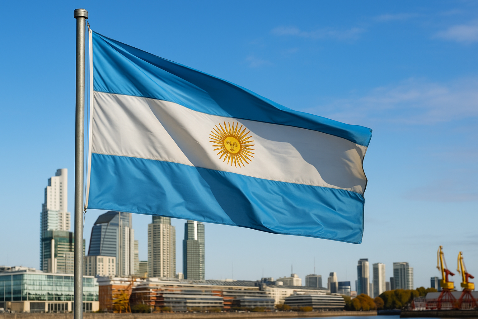 Bandeira da Argentina em destaque com céu azul e prédios de Buenos Aires ao fundo