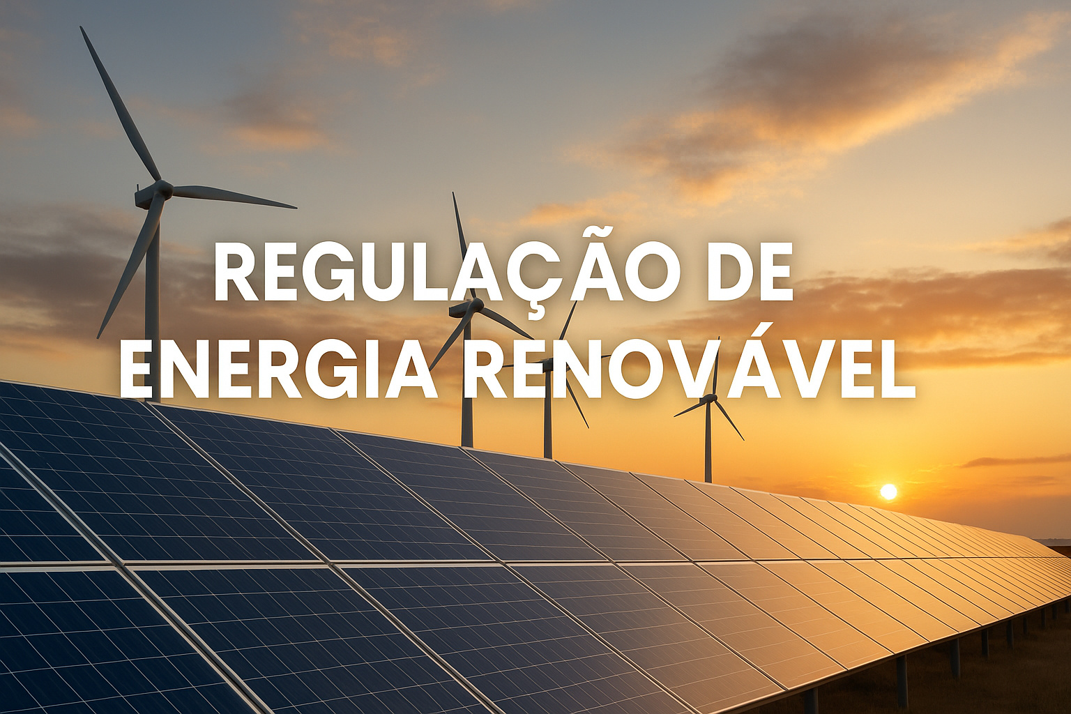 Painéis solares e turbinas eólicas ao pôr do sol com os dizeres “Regulação de Energia Renovável”.