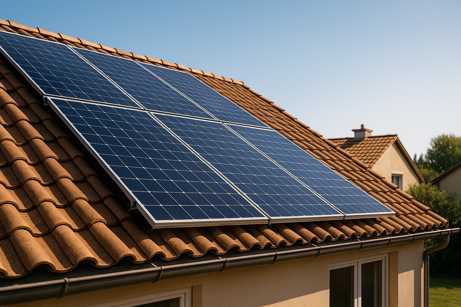 Painéis solares instalados em telhado de residência com céu azul ao fundo.