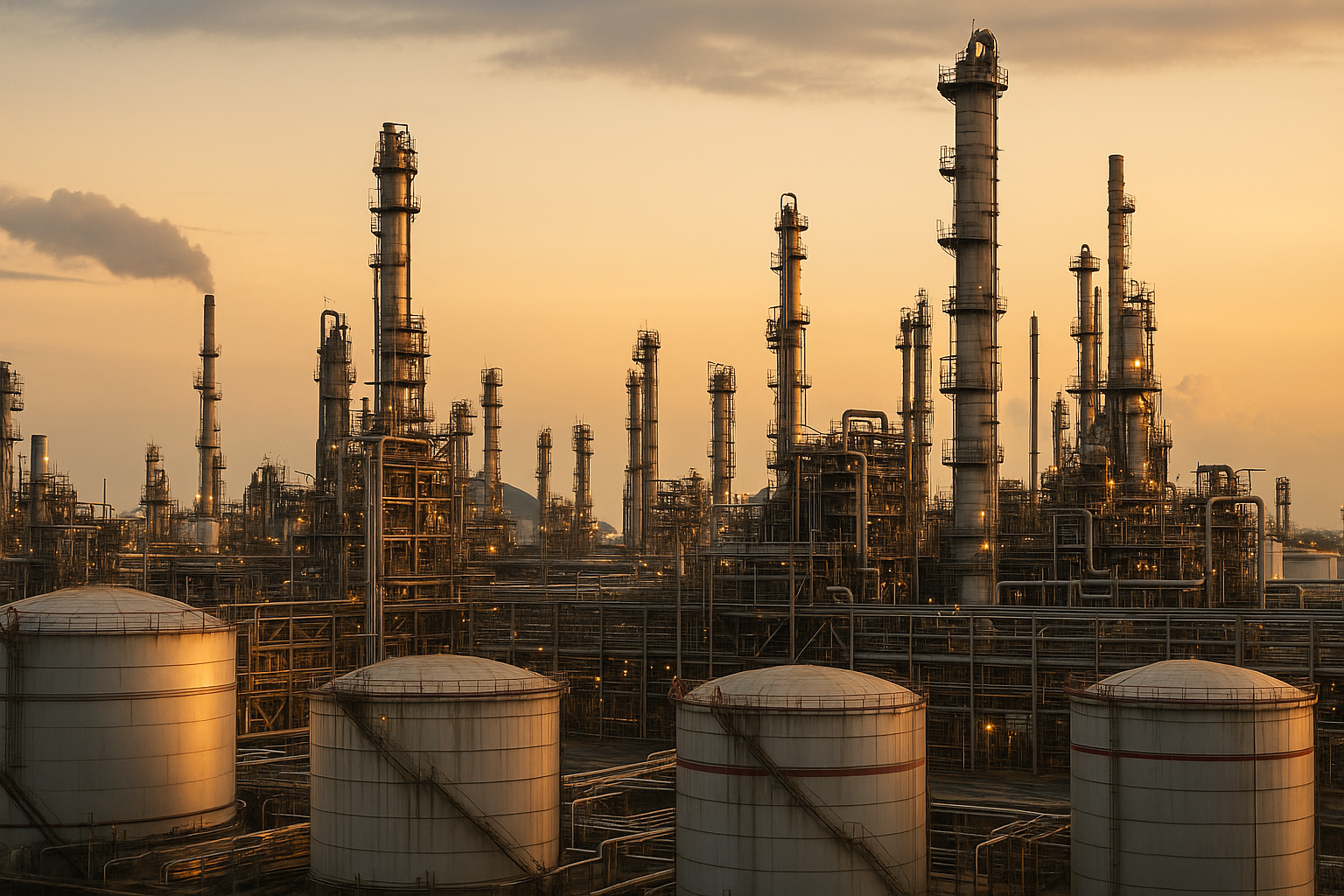 Refinaria de petróleo com tanques de armazenamento e torres industriais ao entardecer.