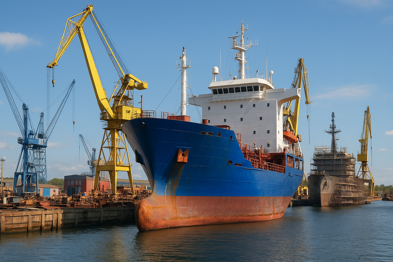 Estaleiro brasileiro com navio cargueiro azul e guindastes amarelos ao fundo.