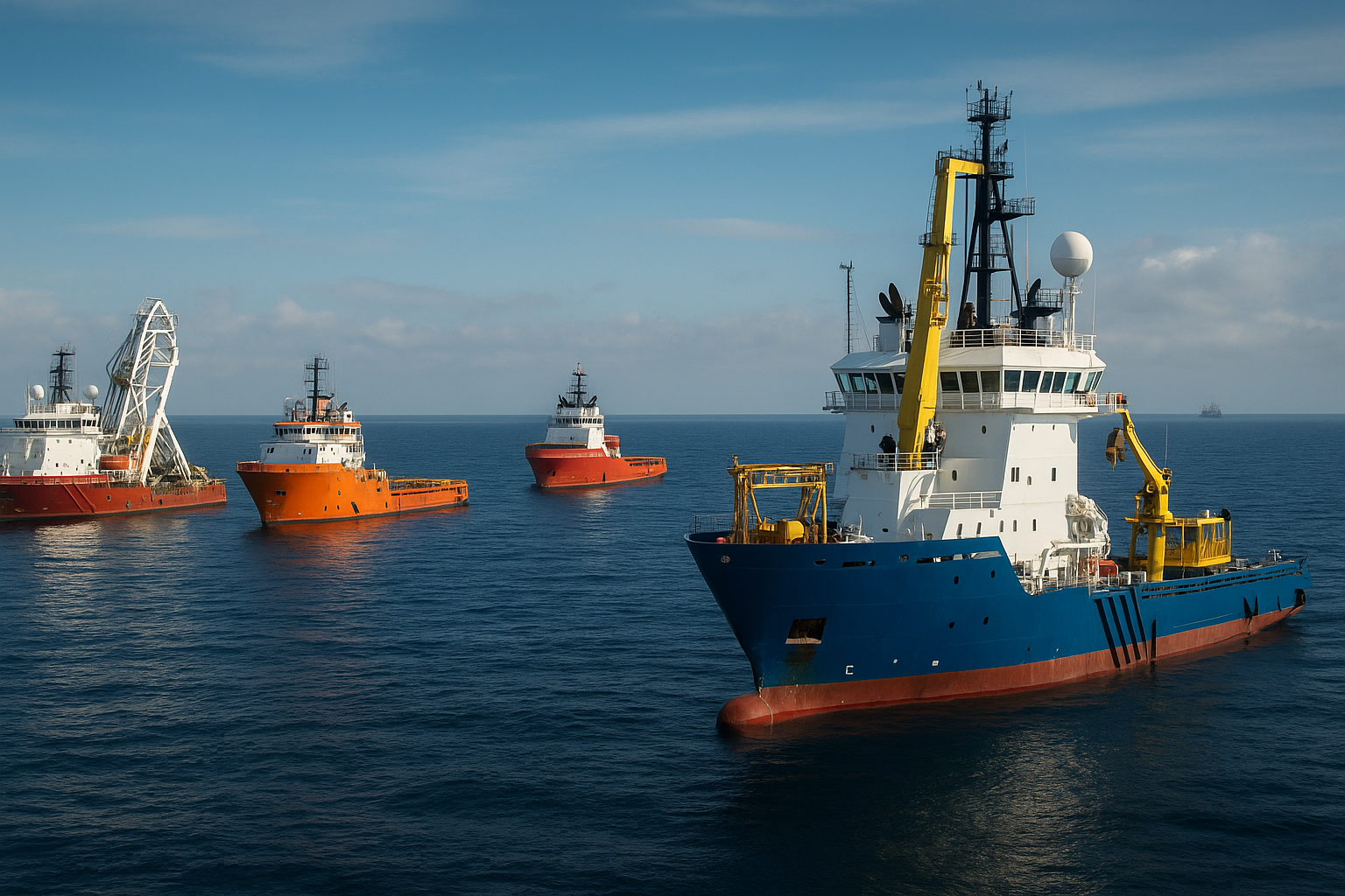 Quatro navios offshore no mar, incluindo embarcações de apoio, suprimentos e instalação de dutos.